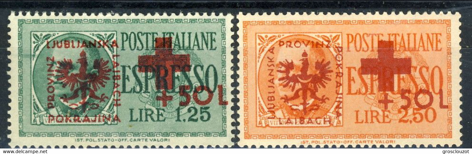 Occupazione Tedesca Lubiana 1944 Pro Croce Rossa - Sass. N. 34 - 35 ** MNH Cat. € 175 - Lubiana