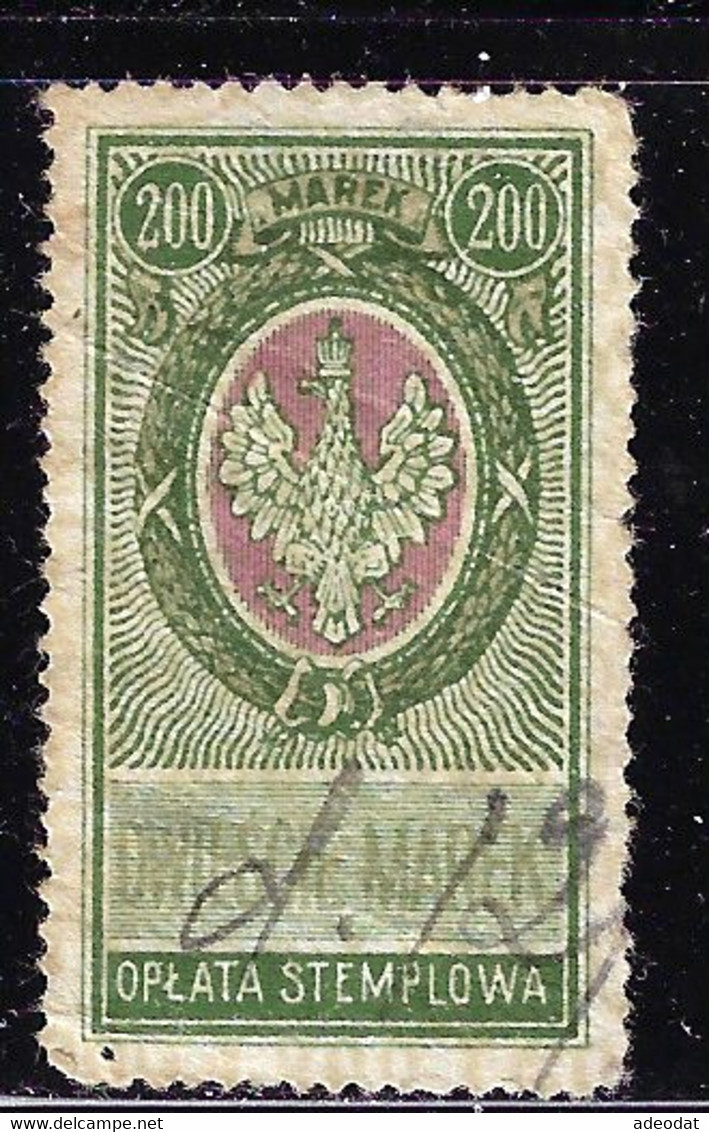 POLAND 1920 REVENUE OPLATA STEMPLOWA 200 MAREK STAMP USED - Fiscale Zegels