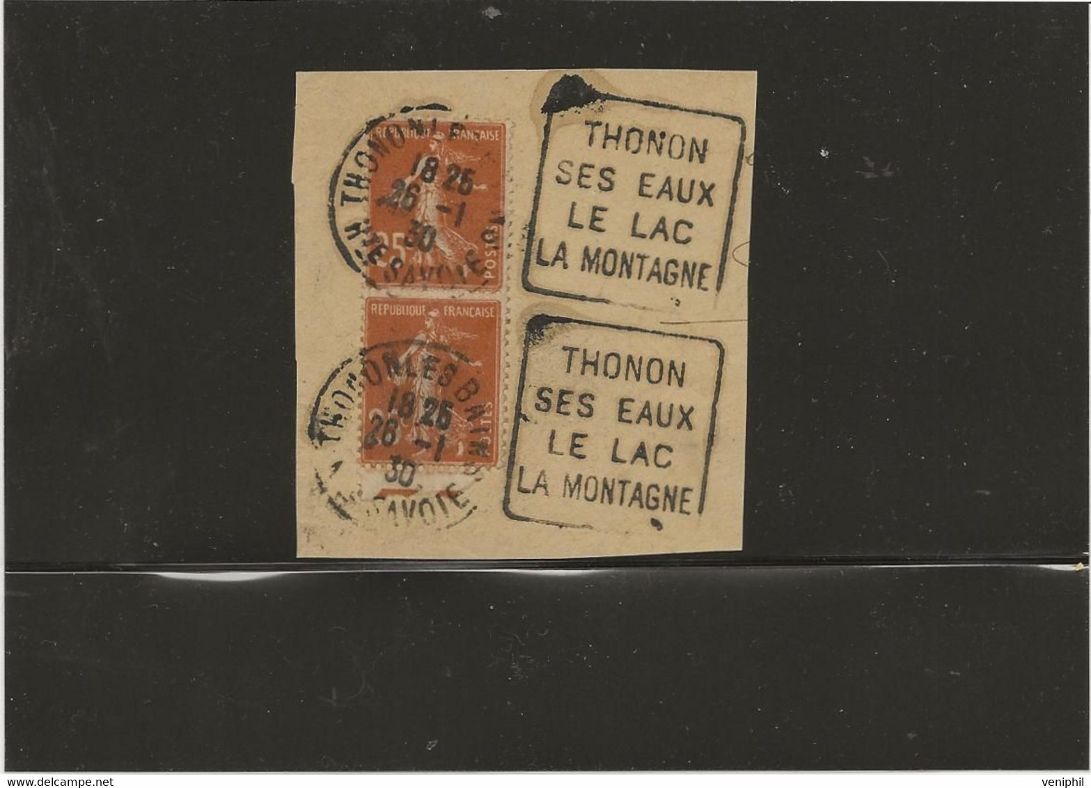 DOUBLE OBLITERATION DAGUIN SUR FRAGMENT " THONON SES EAUX -LE LAC- -LA MONTAGNE -ANNEE 1930 - Maschinenstempel (Sonstige)