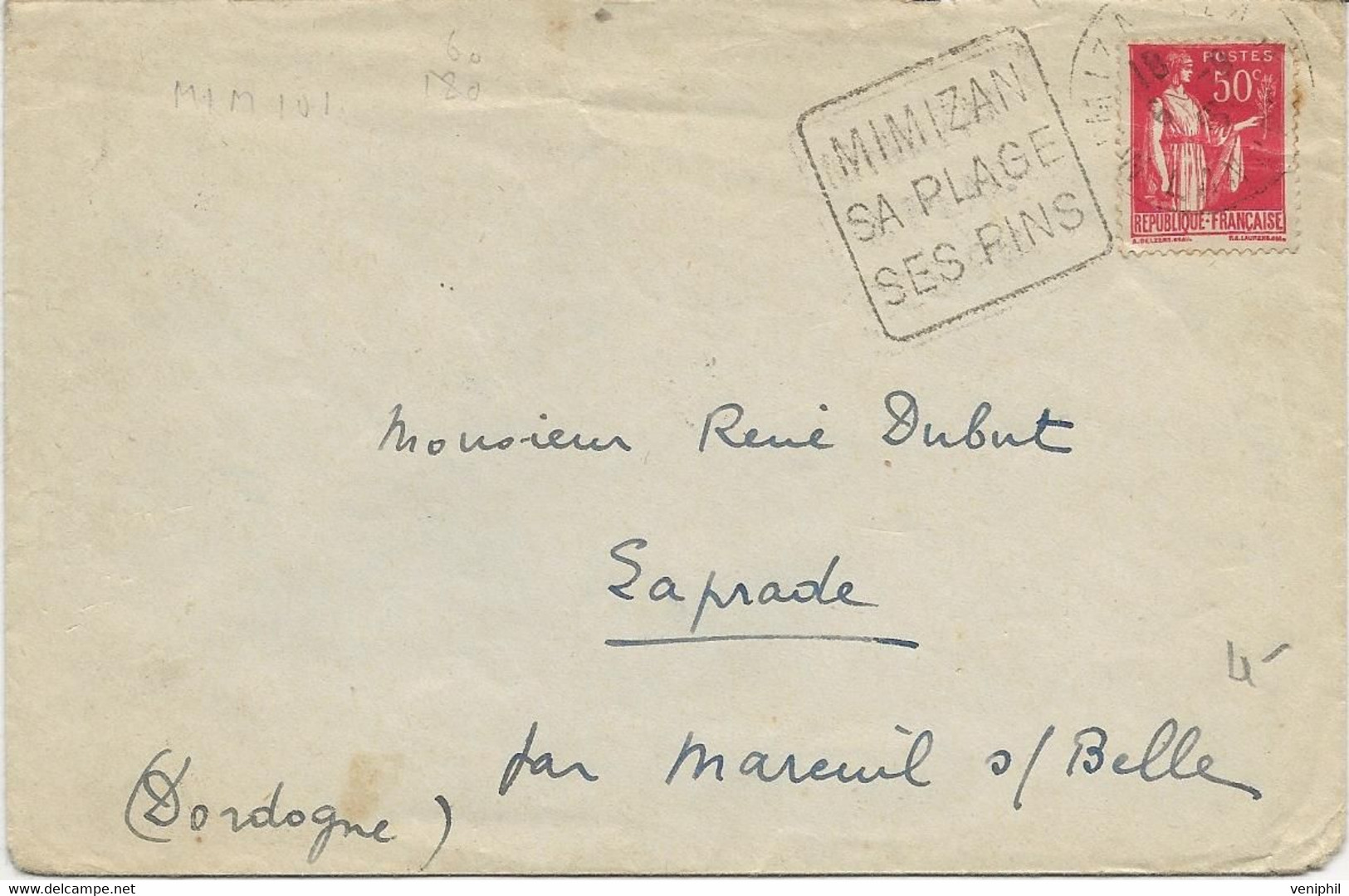 OBLITERATION DAGUIN SUR LETTRE "MIMIZAN SA PLAGE SES PINS " ANNEE 1937 - Mechanical Postmarks (Other)