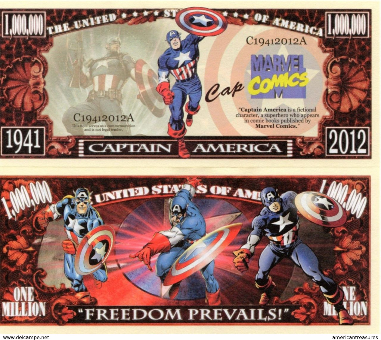 USA 1 Million Dollar Novelty Banknote 'Captain America' (Marvel) - NEW - UNC & CRISP - Autres - Amérique