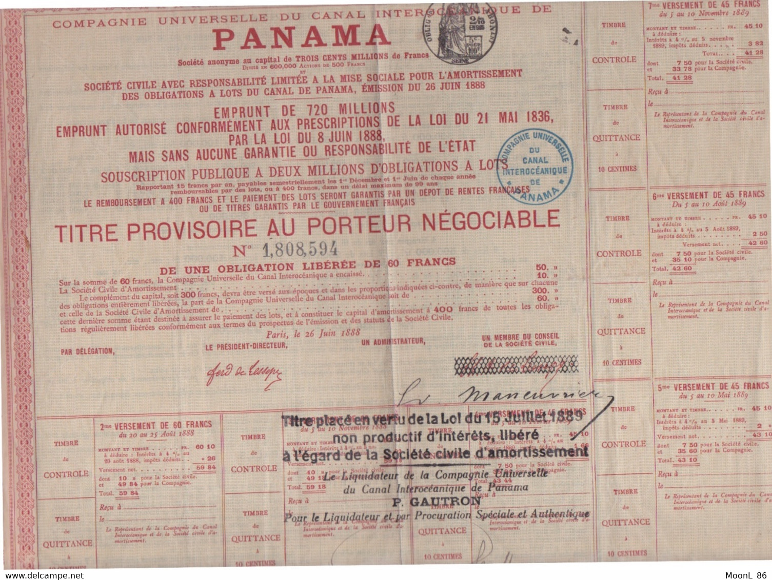 PANAMA 1888 - Action & Titre Navigation - COMPAGNIE UNIVERSELLE DU CANAL INTEROCÉANIQUE DE PANAMA + CACHET  FISCAL - Scheepsverkeer