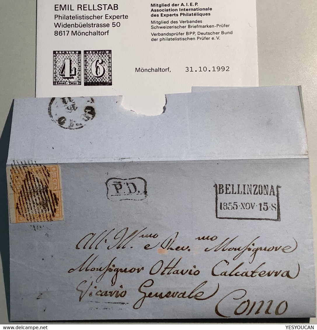 BELLINZONA (TI)1855 Strubel Brief>Como LOMBARDO VENETO. Schweiz 1854 25B Attest Rellstab(lettre Suisse Italia RL Cover - Covers & Documents