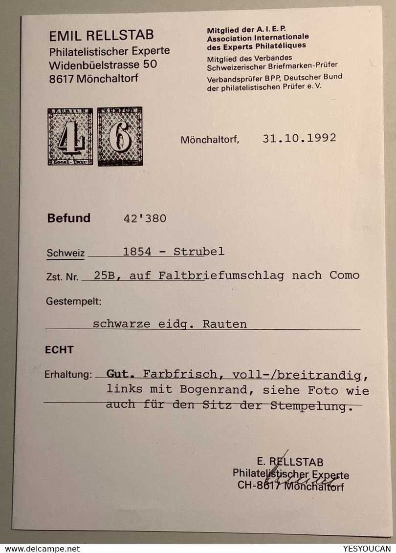 BELLINZONA (TI)1855 Strubel Brief>Como LOMBARDO VENETO. Schweiz 1854 25B Attest Rellstab(lettre Suisse Italia RL Cover - Briefe U. Dokumente