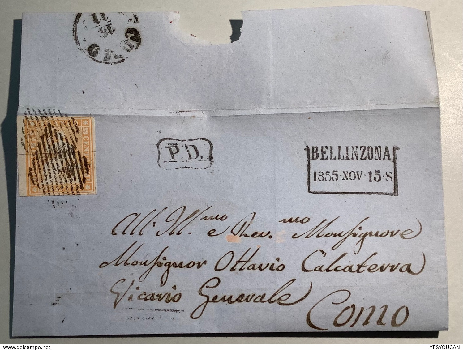 BELLINZONA (TI)1855 Strubel Brief>Como LOMBARDO VENETO. Schweiz 1854 25B Attest Rellstab(lettre Suisse Italia RL Cover - Lettres & Documents