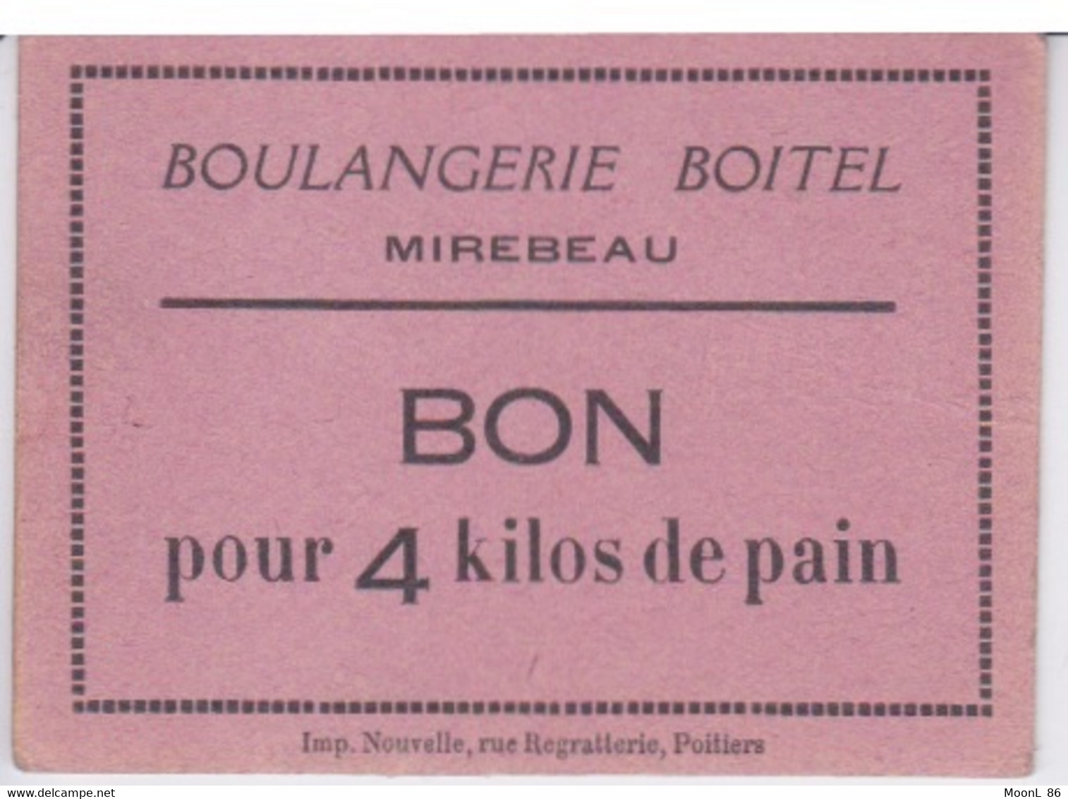 BON DE Rationnement A LA BOULANGERIE BOITEL A MIREBEAU - BON PUR 4 KG DE PAIN - Bons & Nécessité