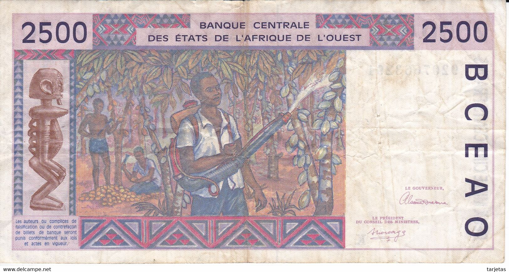 BILLETE DE SENEGAL DE 2500 FRANCS DEL AÑO 1992  (BANK NOTE) - Sénégal