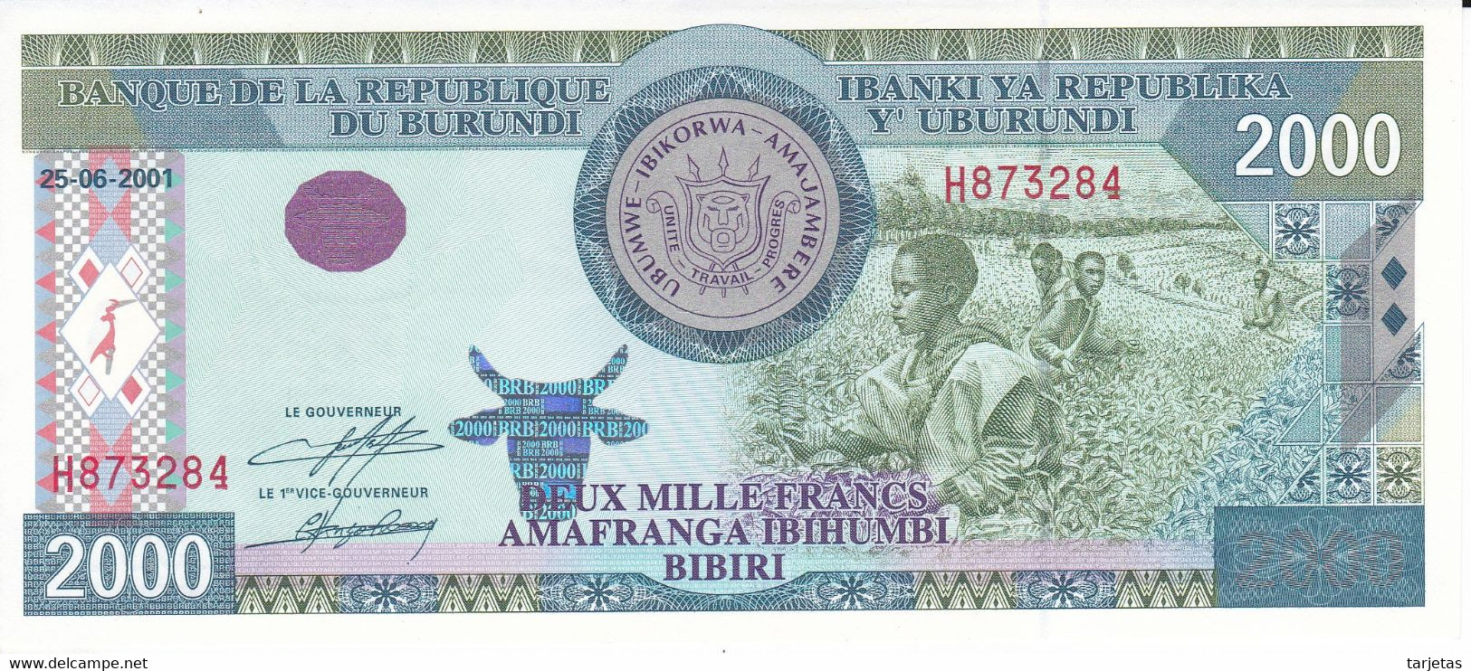 BILLETE DE BURUNDI DE 2000 FRANCS DEL AÑO 2001 SIN CIRCULAR (BANK NOTE) UNCIRCULATED - Burundi