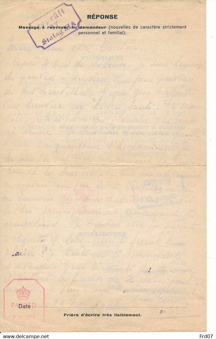 Red Cross Message – Service Belge - UK 25.2.44 Vers Stalag XI A - Réponse Verso + Colis De Vivres. - RR - Guerre 40-45 (Lettres & Documents)