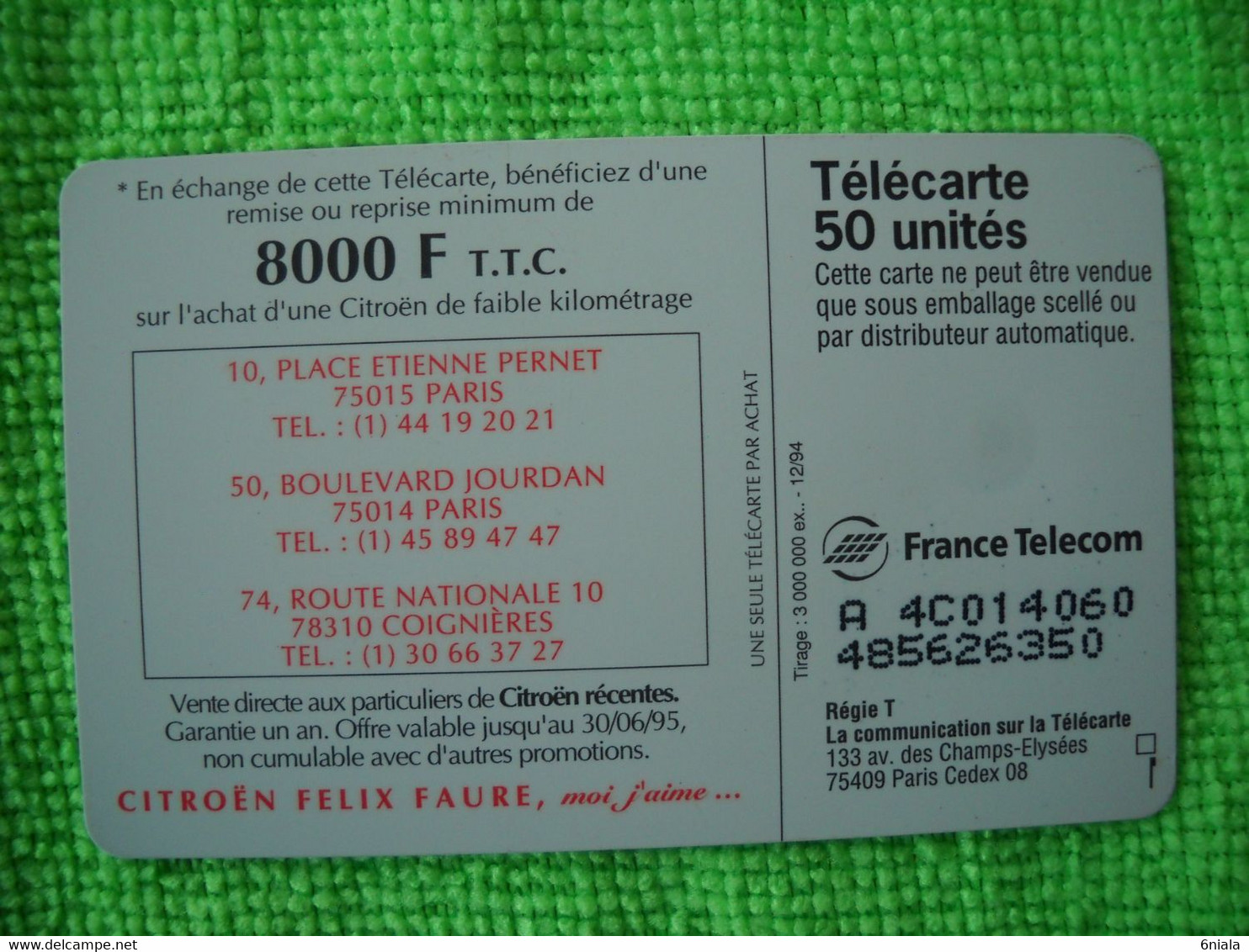 7145 Télécarte Collection CITROEN  8000 F 1996  50u  ( Recto Verso)  Carte Téléphonique - Voitures