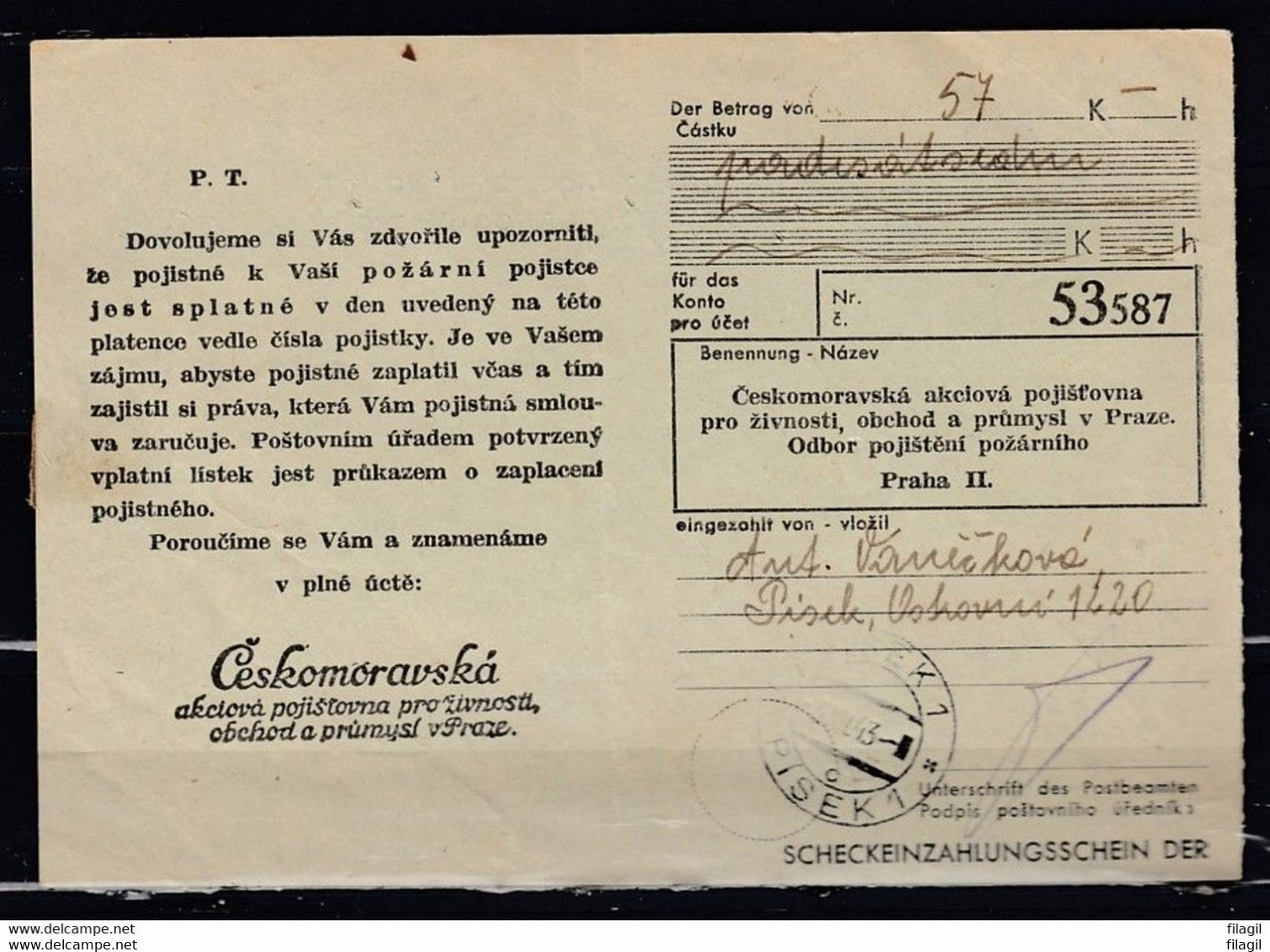 Document Met Machinalestempel Prag 3 Praha 3 Naar Pisek Ostrovni - Briefe