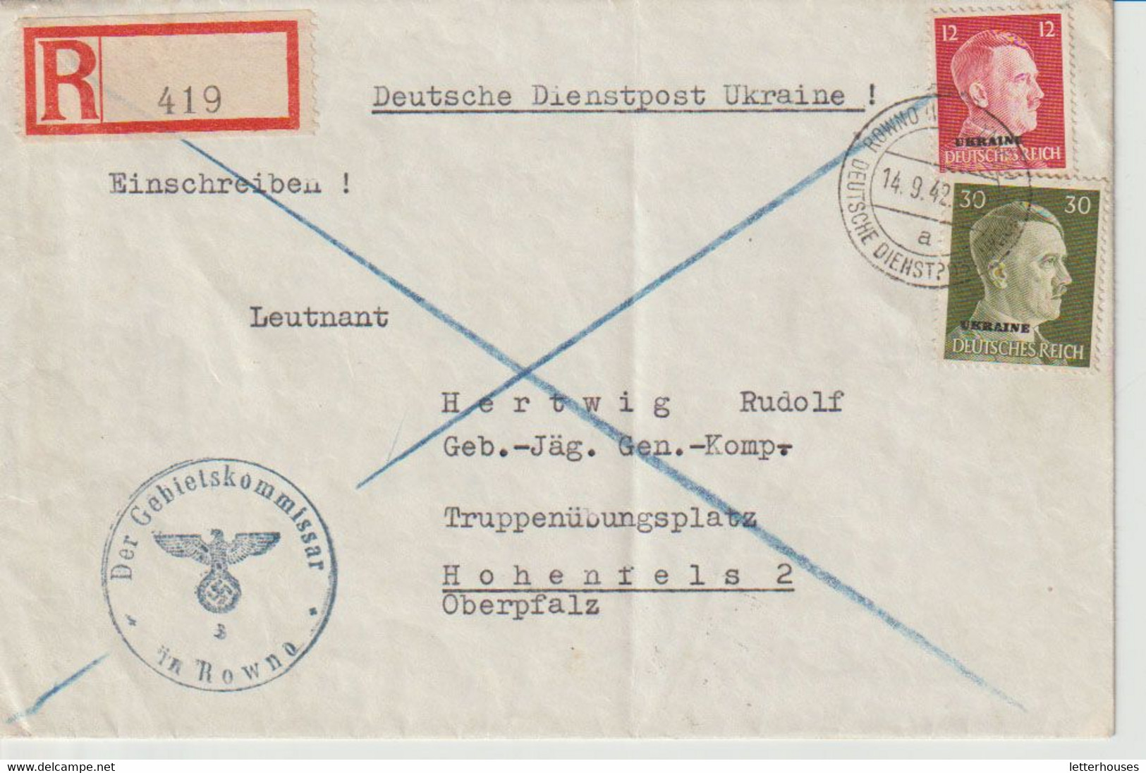 Deutsche Dienstpost Ukraine, Mi. 14,20, R-14.9.42, Der Gebietskommissar In Rowno - Occupation 1938-45
