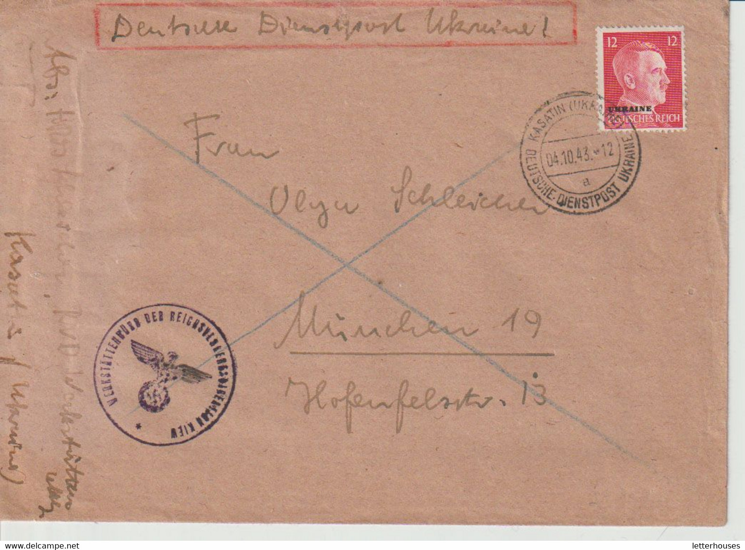 Deutsche Dienstpost Ukraine, Mi. 20, Kasatin 4.10.43, Werkstättenbüro Kiew - Occupation 1938-45