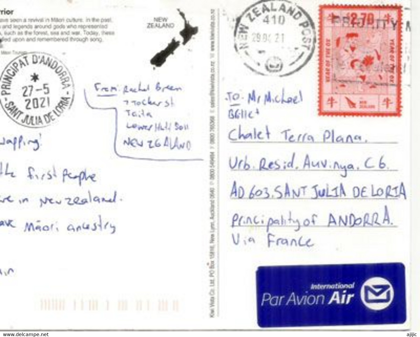Maori Warrior (Guerrier Maori) New-Zealand.Carte Postale Adresse Andorra,avec Timbre à Date Arrivée.2 Photos Recto/verso - Ozeanien