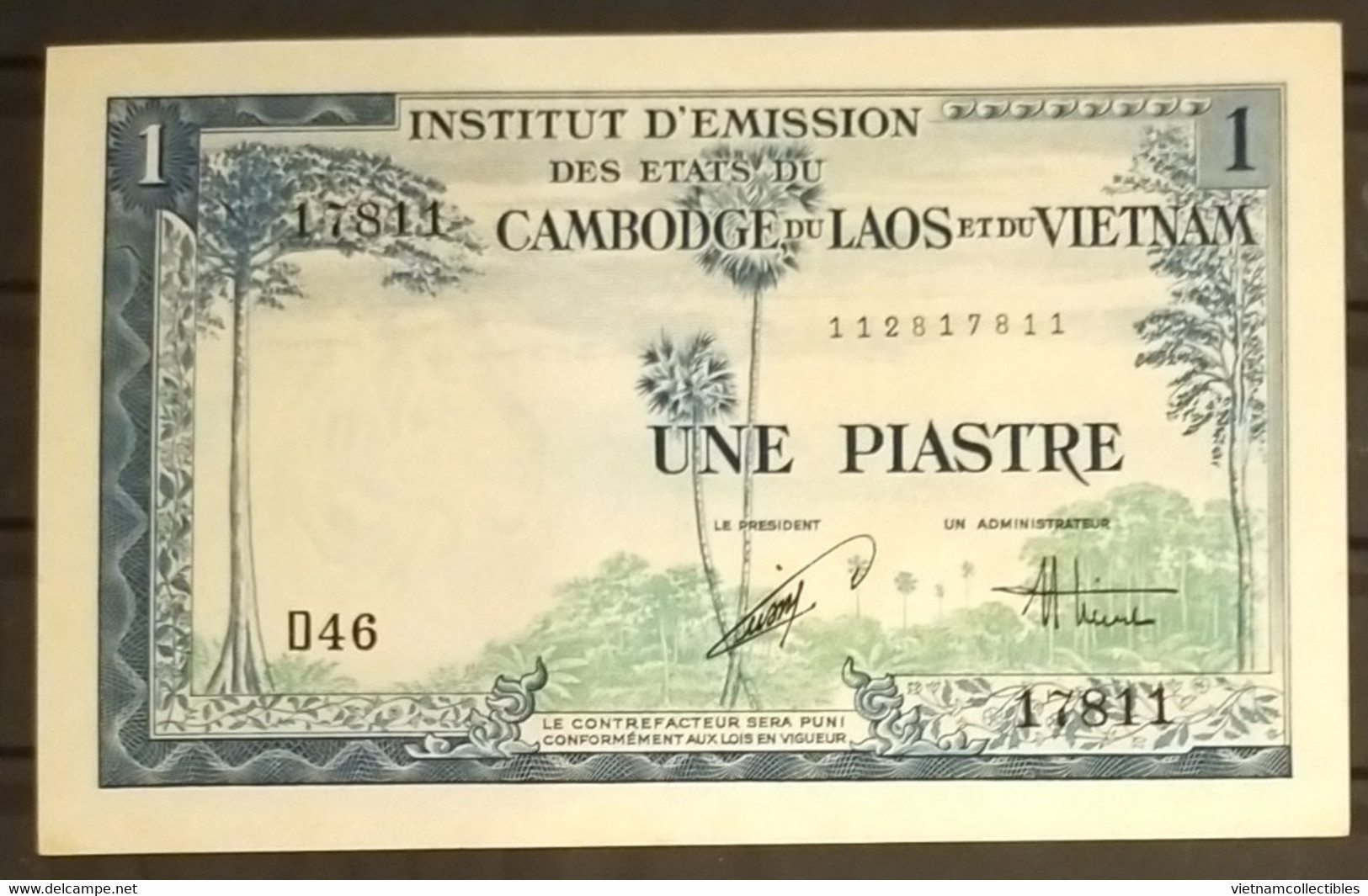 Indochine Indochina Vietnam Viet Nam Laos Cambodia 1 Piastre UNC Banknote Note 1954 - Pick # 105 - Indochina