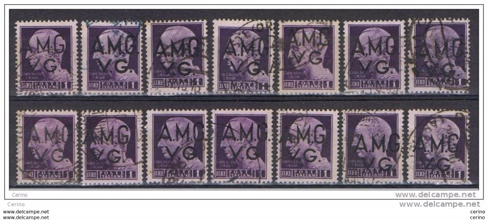 VENEZIA  GIULIA  ( AMG VG):  1945/47  IMPERIALE  -  £. 1  VIOLETTO  US. -  RIPETUTO  14  VOLTE  -  SASS. 8 - Usados