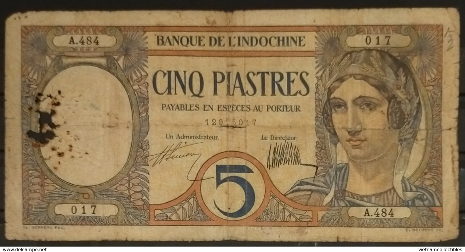 French Indochina Indo China Indochine Laos Vietnam Cambodia 5 Piastres VG Banknote Note 1927-31 - Pick # 49a / 2 Photos - Indocina