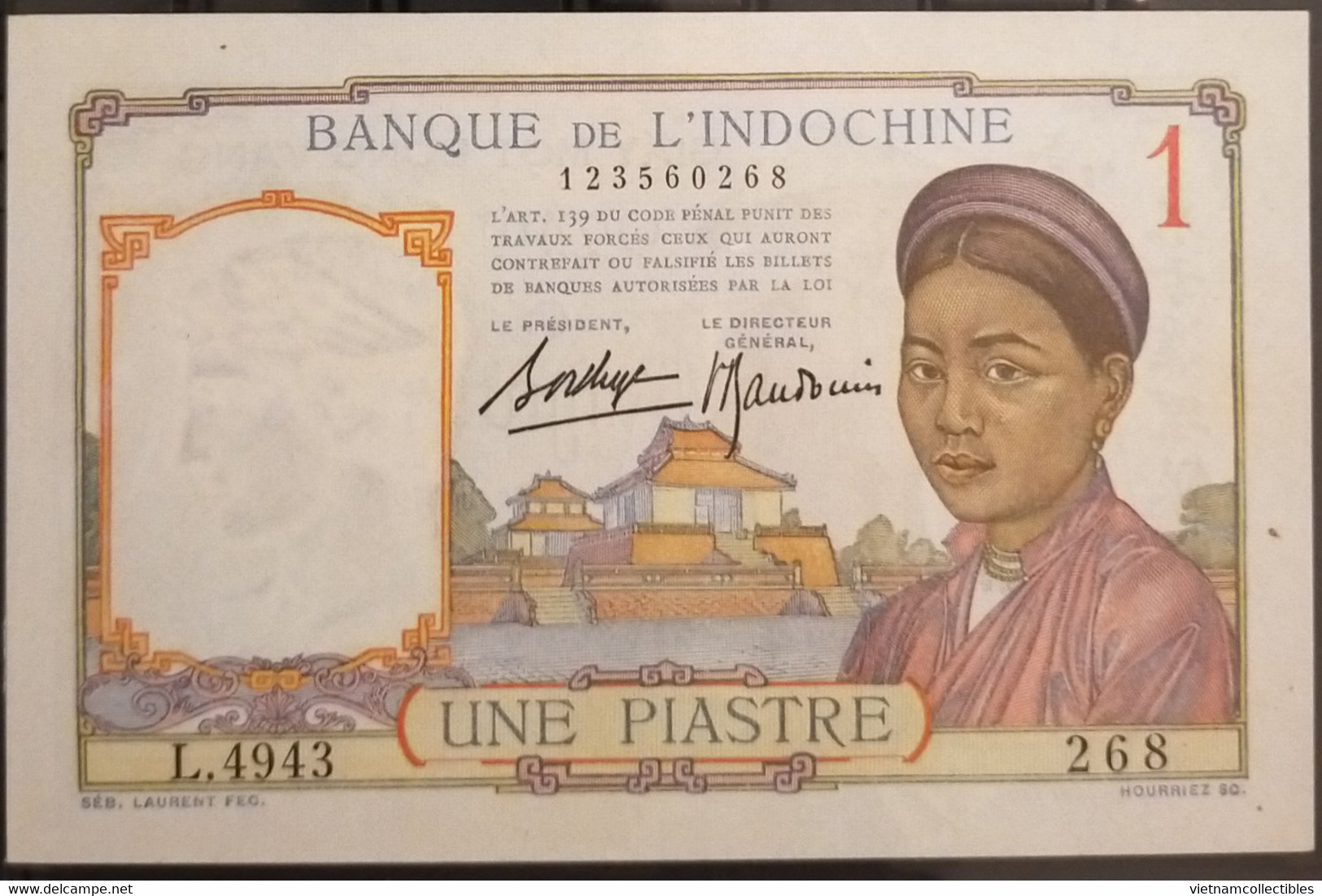 French Indochina Indo China Indochine Vietnam Cambodia 1 Piastre AU Banknote Note / Billet 1932 - 1949 - Pick # 54b - Indochine