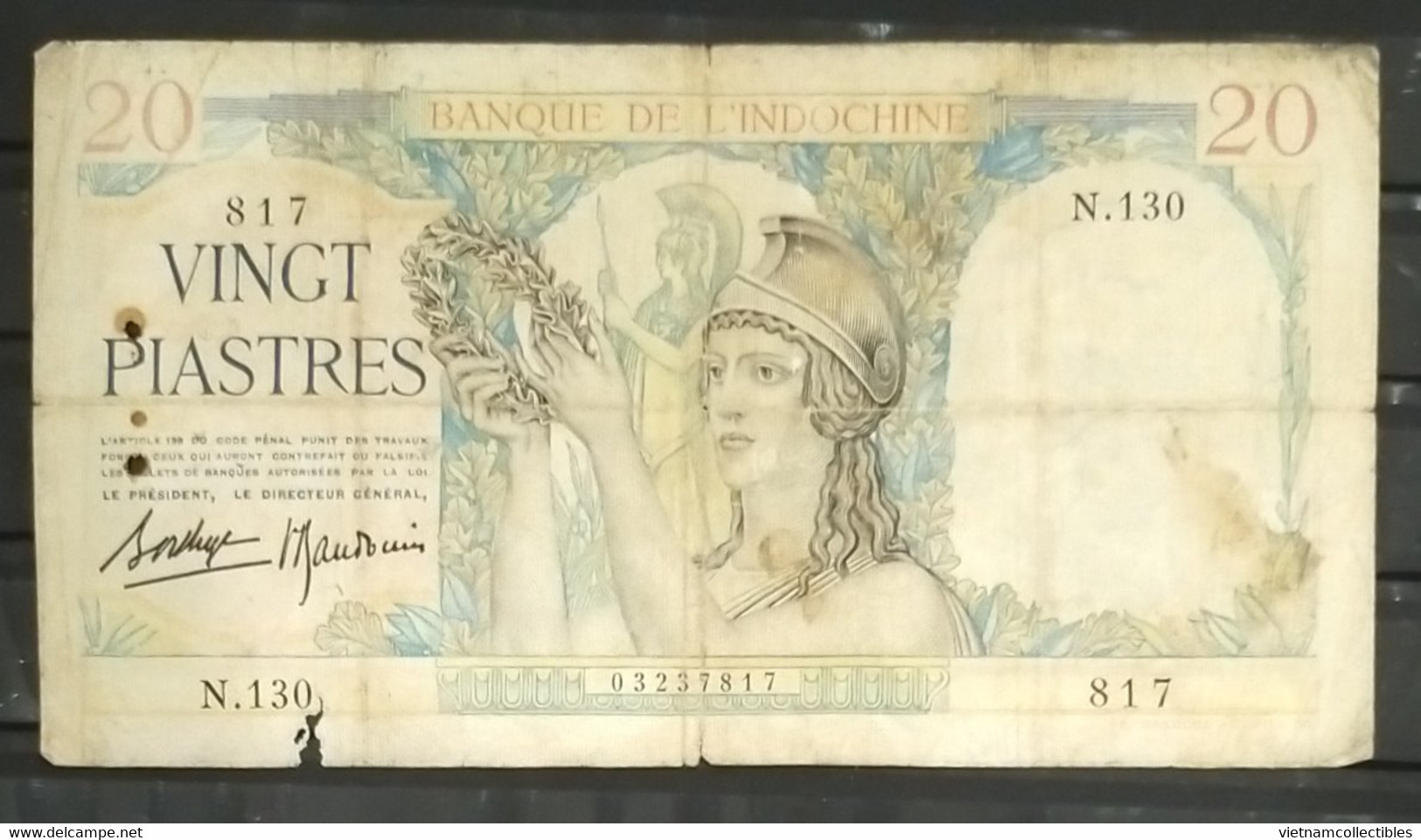 French Indochine Indochina Vietnam Viet Nam Laos Cambodia 20 Piastres Fine Banknote 1933-1939 / Pick # 56b / 2 Photos - Indochina