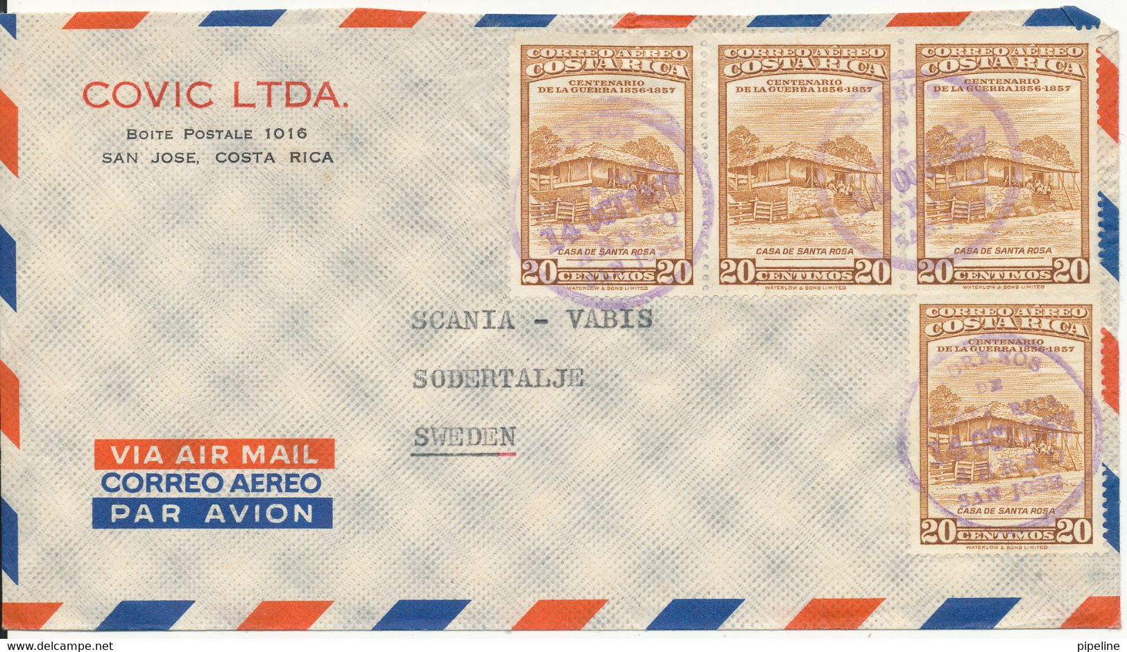 Costa Rica Air Mail Cover Sent To Scania Vabis Sweden 14-10-1957 - Costa Rica