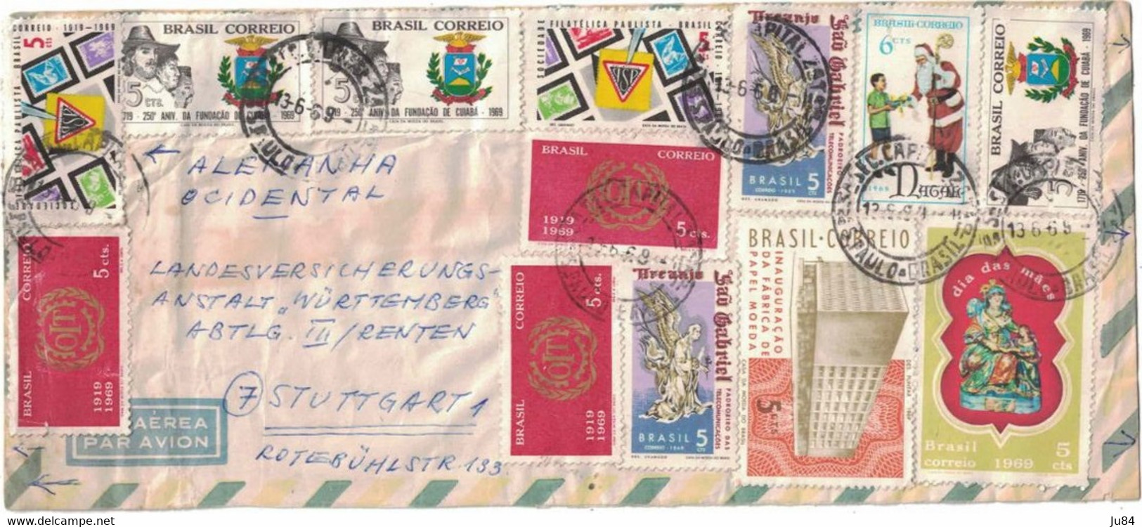 Brésil - Sao Paulo - Lettre Avion Pour L'Allemagne - Très Bel Affranchissement - 13 Juin 1969 - Used Stamps