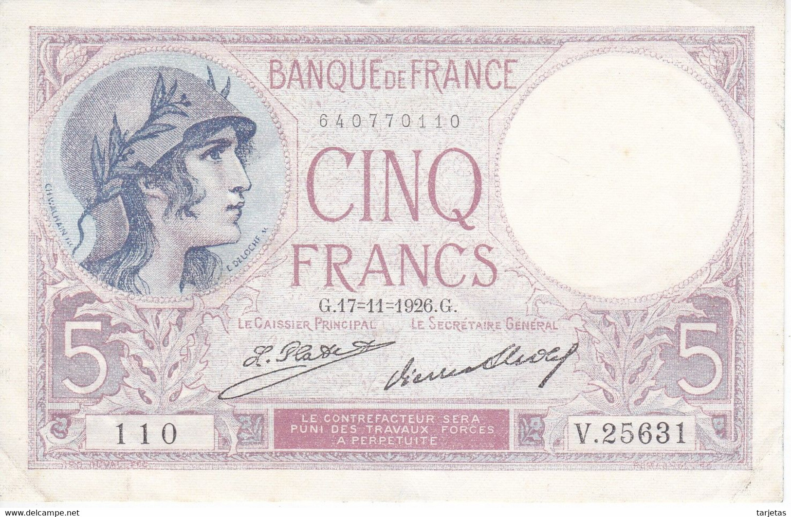 BILLETE DE FRANCIA DE 5 FRANCS DEL 17-11-1926 VIOLET EN CALIDAD EBC (XF) (BANKNOTE) - 5 F 1917-1940 ''Violet''