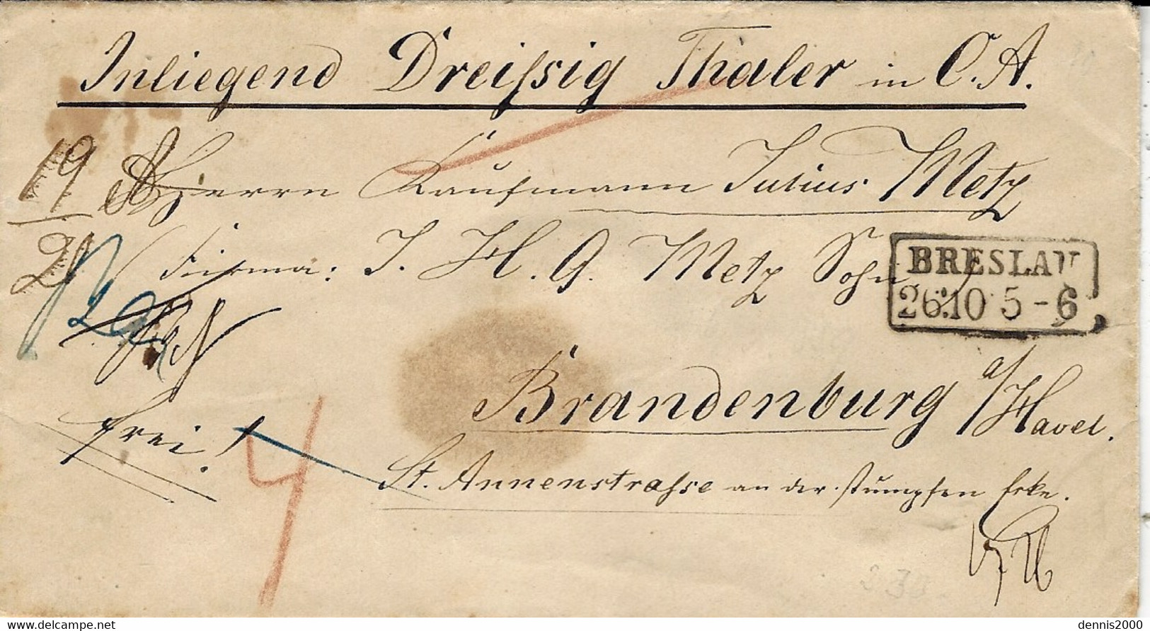 No Date - Loaded Cover From BRESLAU To Brandenburg -  " 30 Thalers " - ...-1860 Préphilatélie