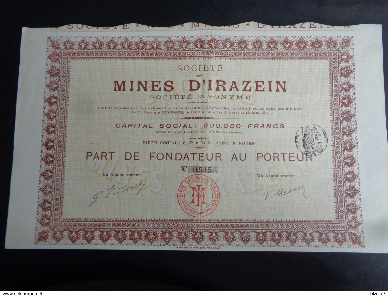 FRANCE - 09 - ARIEGE - STE DS MINES D'IRAZEIN - PART DE FONDATEUR - ROUEN 1911 - Other & Unclassified