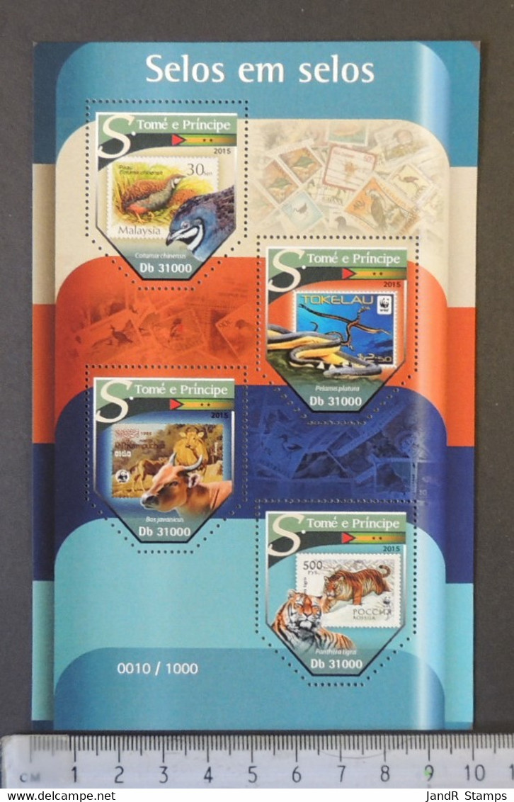 St Thomas 2015 Stamp On Stamp Birds Reptiles Cats Tigers Animals M/sheet Mnh - Feuilles Complètes Et Multiples