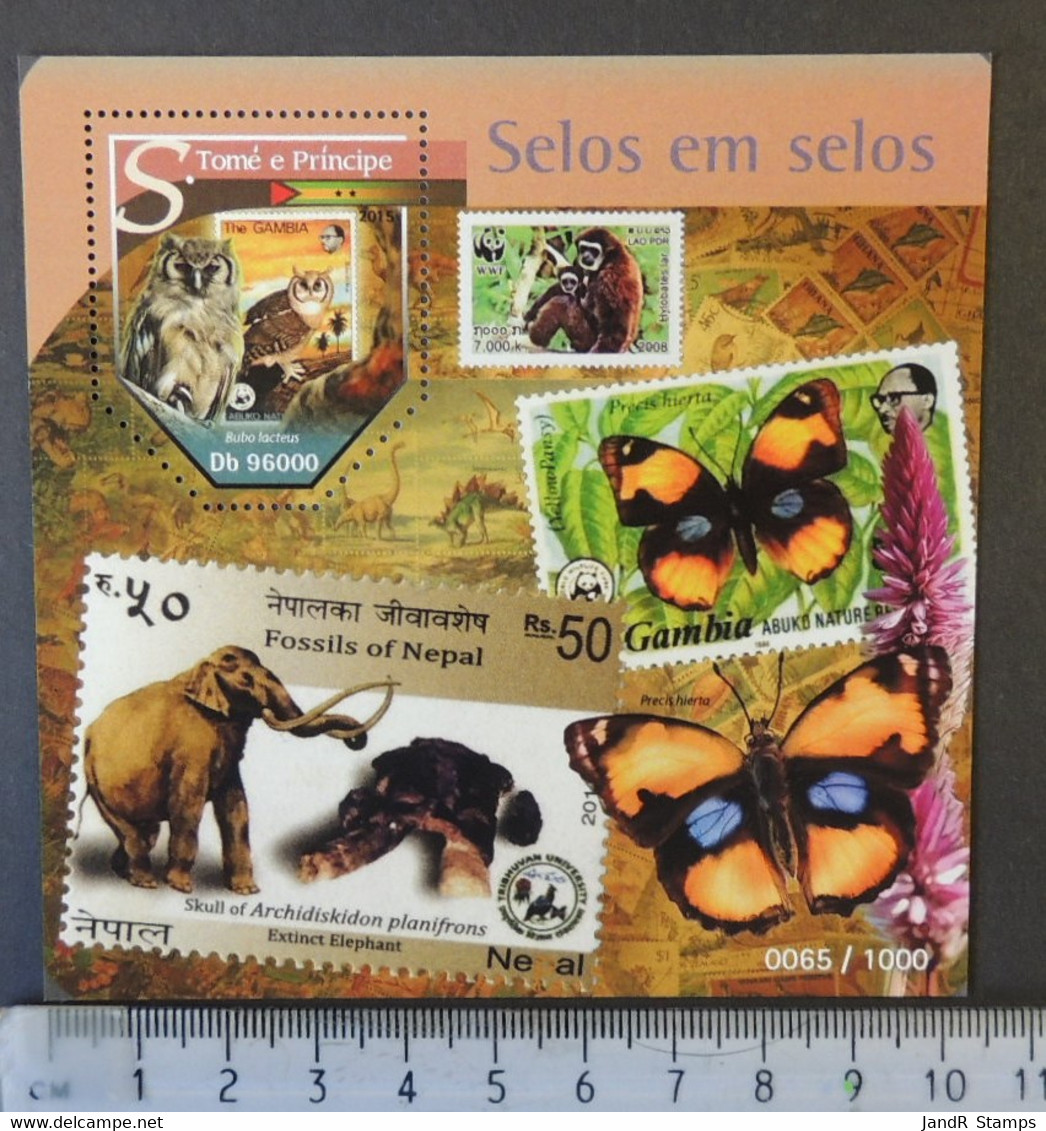 St Thomas 2015 Stamp On Stamp Birds Owls Apes Butterflies Insects Elephants Animals S/sheet Mnh - Feuilles Complètes Et Multiples