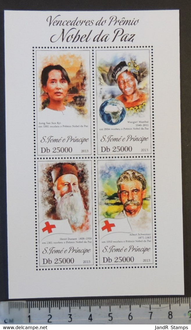 St Thomas 2013 Nobel Peace Prize Aung San Suu Kyi Maathai Henri Dunant Albert Schweitzer Red Cross M/s Mnh - Ganze Bögen