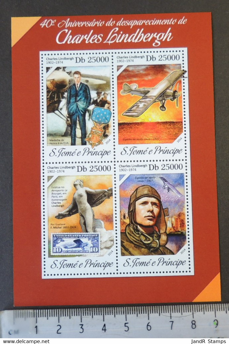 St Thomas 2014 Charles Lindbergh Aviation Pioneer Stamp On Stamp M/sheet Mnh - Full Sheets & Multiples