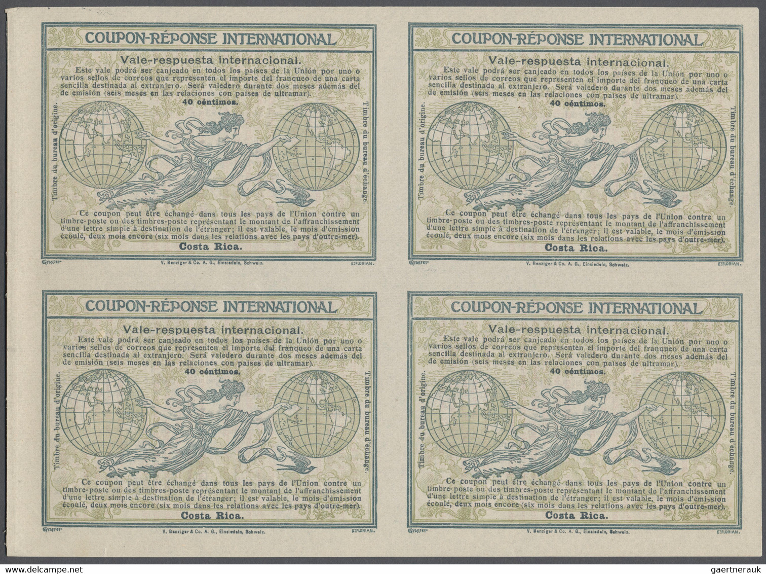 Costa Rica - Ganzsachen: 1920 International Reply Coupon Design "Madrid" As Block Of Four 40 C. Cost - Costa Rica