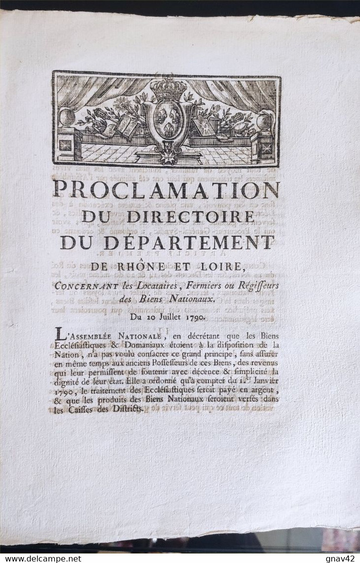 Proclamation Du Directoire Du Département De Rhône Et Loire Du 20 Juillet 1790 - Historische Documenten