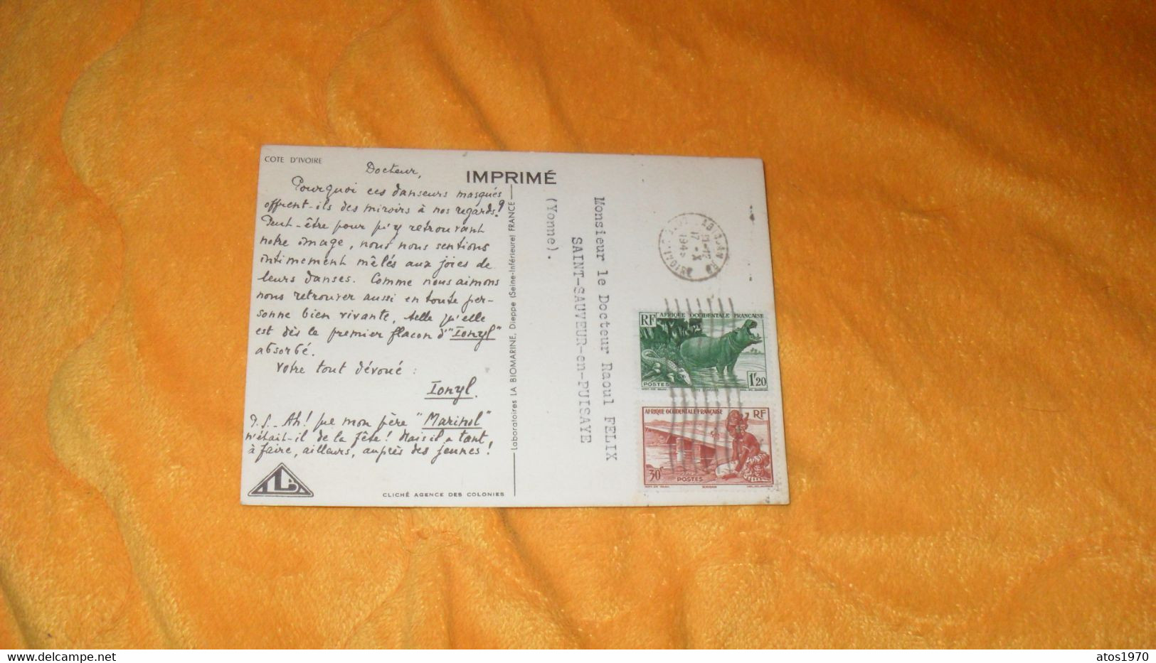 CARTE POSTALE PUBLICITAIRE ANCIENNE DE 1949./ IONYL CLICHE AGENCE DES COLONIES..CACHETS ABIDJAN COTE D'IVOI + TIMBRES X2 - Cartas & Documentos