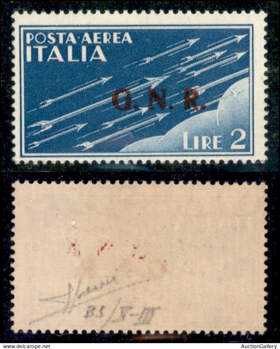 RSI - G.N.R. Brescia - Posta Aerea - 1943 - 2 Lire (122/IIa) Con R Terzo Tipo - Gomma Integra - Cert. Sorani - Autres & Non Classés