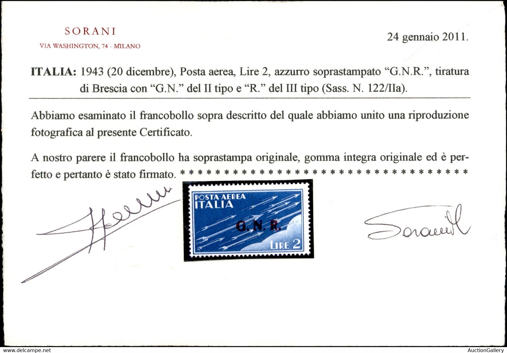 RSI - G.N.R. Brescia - Posta Aerea - 1943 - 2 Lire (122/IIa) Con R Terzo Tipo - Gomma Integra - Cert. Sorani - Autres & Non Classés