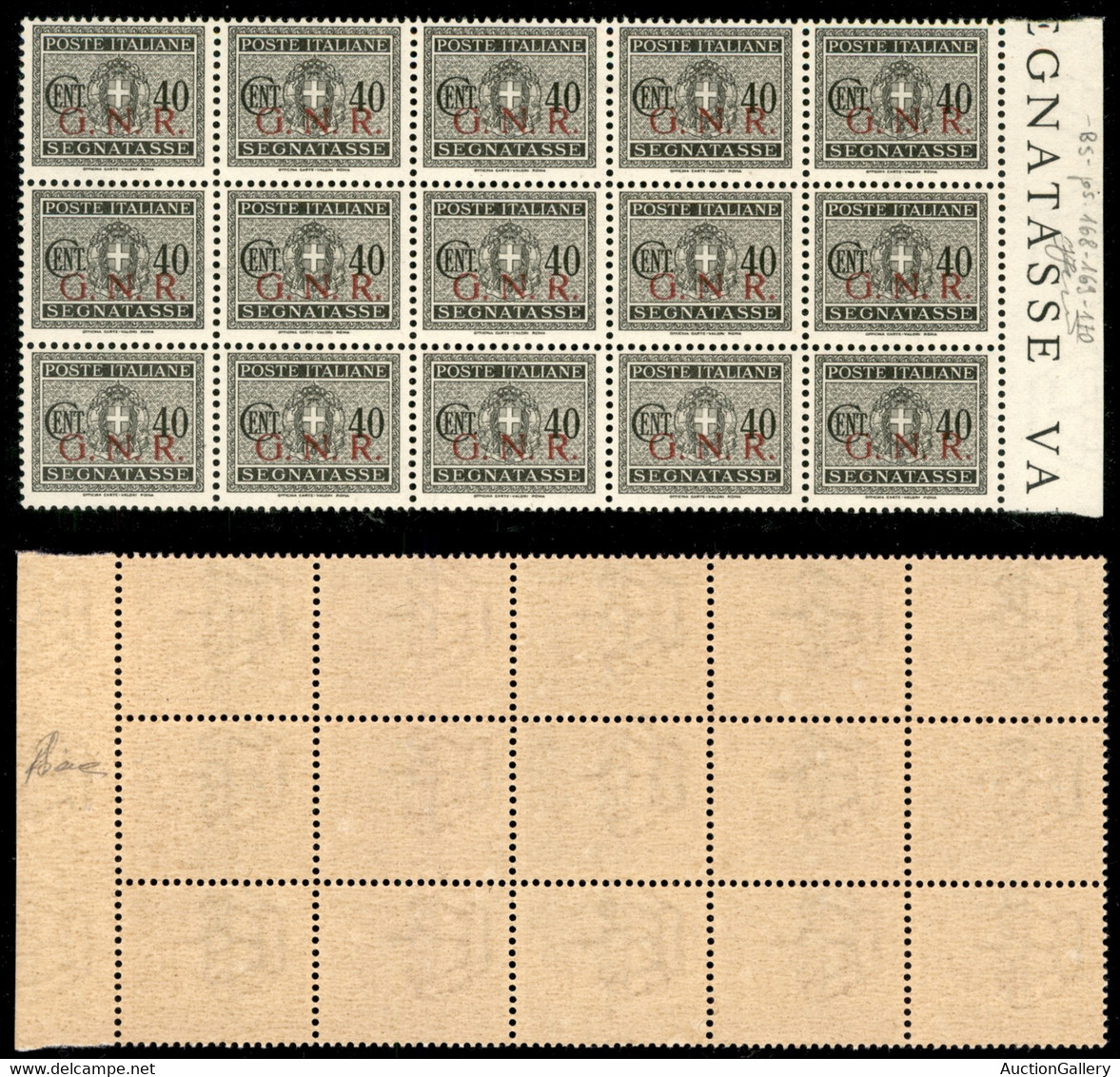 RSI - G.N.R. Brescia - Segnatasse - 1943 - 40 Cent (52/I) - Blocco Di 15 Bordo Foglio (pos. 156/180) - Trittico (R Scalp - Autres & Non Classés