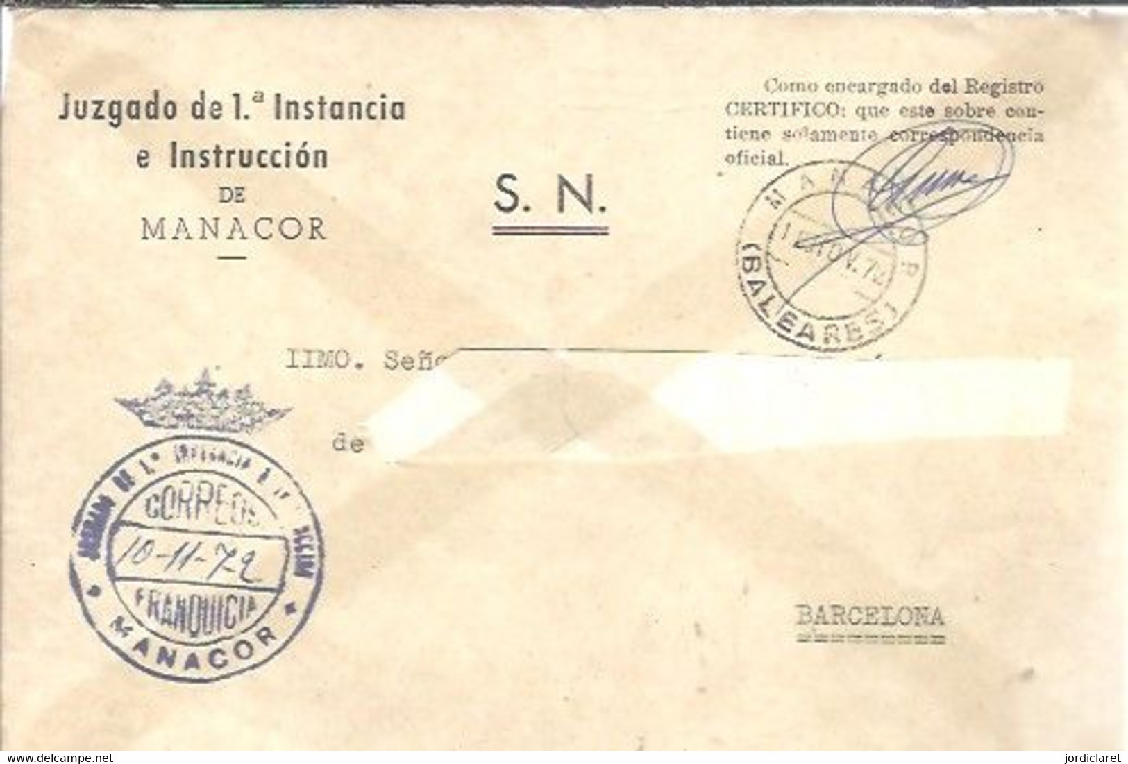 JUZGADO  1972  MANACOR - Postage Free