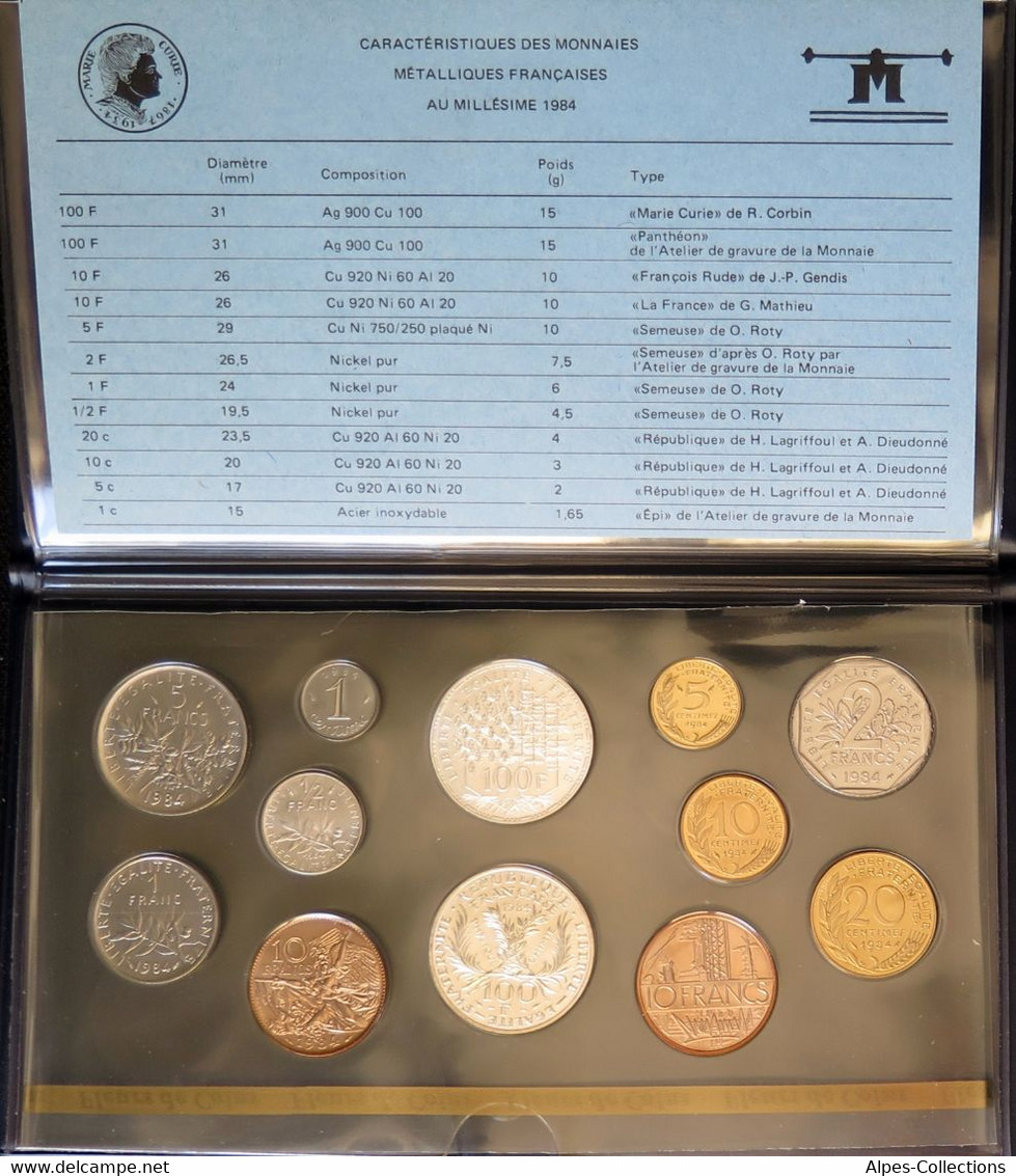 F5000.41 - COFFRET FLEURS DE COINS - 1984 - 1 Centime à 100 Francs RARE - BU, BE & Coffrets