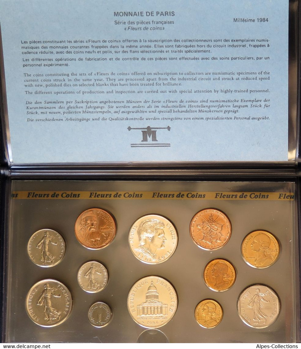 F5000.41 - COFFRET FLEURS DE COINS - 1984 - 1 Centime à 100 Francs RARE - BU, Proofs & Presentation Cases