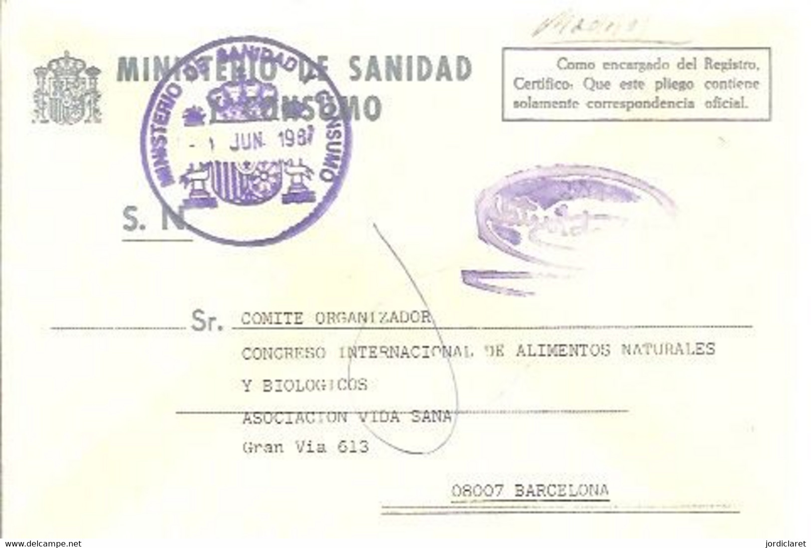 MINISTERIO DE SANIDAD Y CONSUMO 1987 - Franchise Postale
