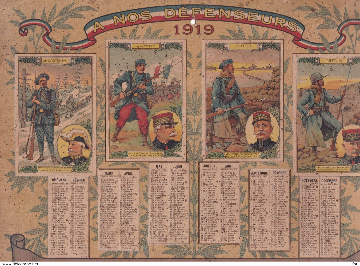 Calendrier : 1919 : Militaire - Militaria : Nos Défenseurs - Patriotique : Lampe Visseaux : Format - 32cm X 24,5cm - Grand Format : 1901-20