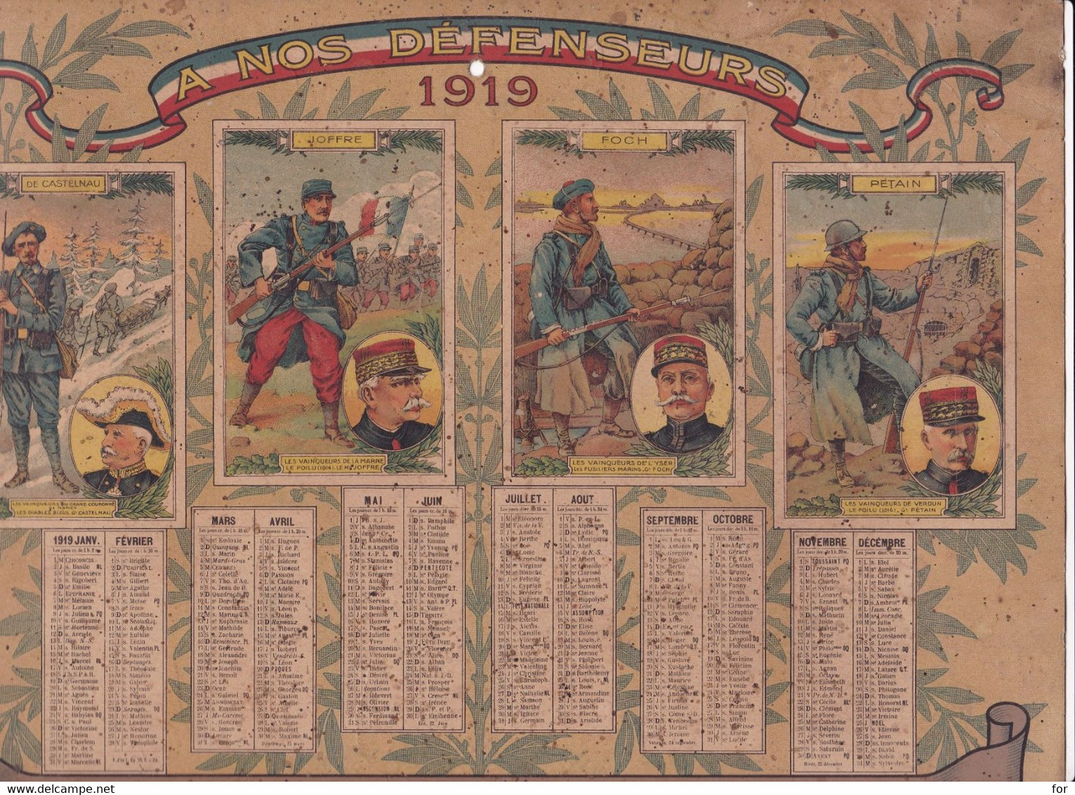 Calendrier : 1919 : Militaire - Militaria : Nos Défenseurs - Patriotique : Lampe Visseaux : Format - 32cm X 24,5cm - Grossformat : 1901-20