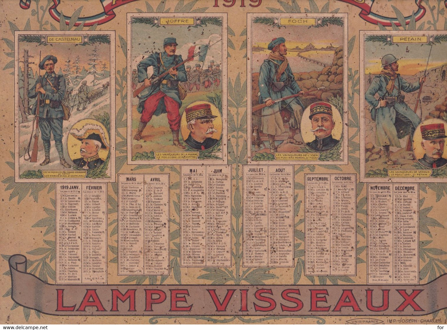 Calendrier : 1919 : Militaire - Militaria : Nos Défenseurs - Patriotique : Lampe Visseaux : Format - 32cm X 24,5cm - Grossformat : 1901-20