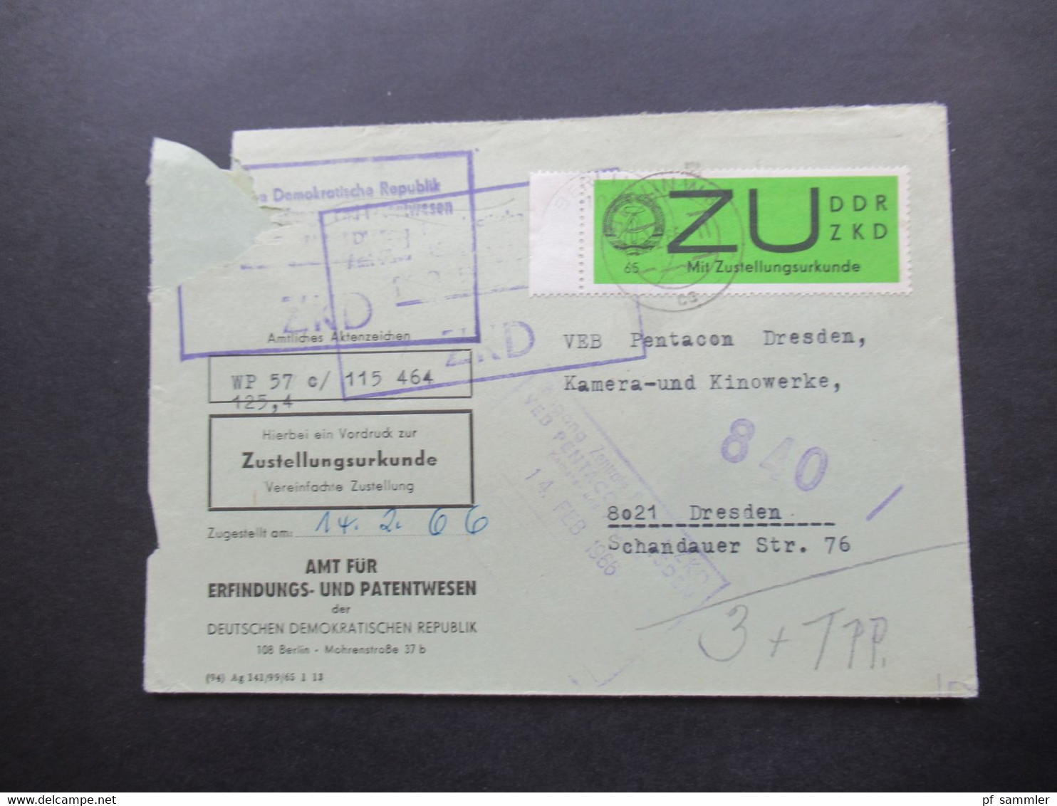 DDR 1966 Dienst ZU / Mit Zustellungsurkunde Nr.2 ZKD Amt Für Erfindungs Und Patentwesen VEB Pentacon Dresden Kinowerke - Otros & Sin Clasificación