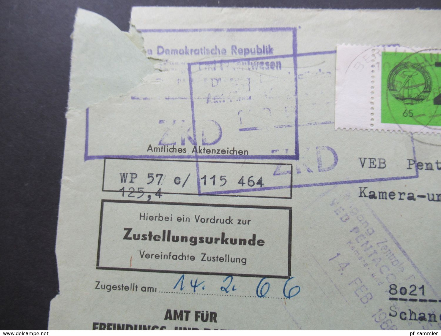 DDR 1966 Dienst ZU / Mit Zustellungsurkunde Nr.2 ZKD Amt Für Erfindungs Und Patentwesen VEB Pentacon Dresden Kinowerke - Otros & Sin Clasificación