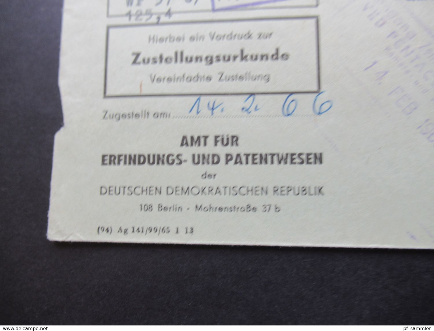 DDR 1966 Dienst ZU / Mit Zustellungsurkunde Nr.2 ZKD Amt Für Erfindungs Und Patentwesen VEB Pentacon Dresden Kinowerke - Otros & Sin Clasificación