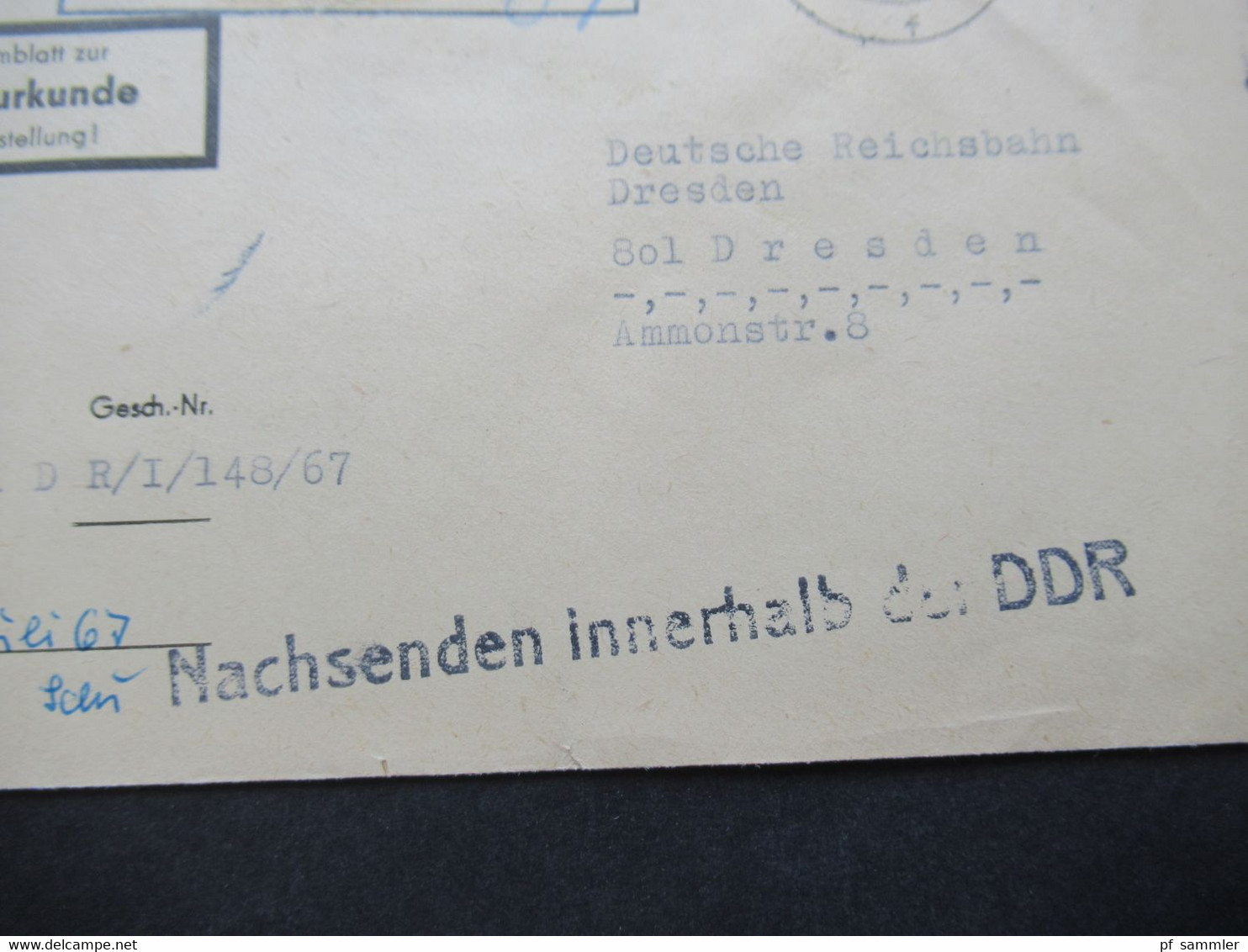 DDR 1967 Dienst ZU / Mit Zustellungsurkunde Nr.2 ZKD Kreisgericht Pirna ZKD geschwärzt an Deutsche Reichsbahn Dresden