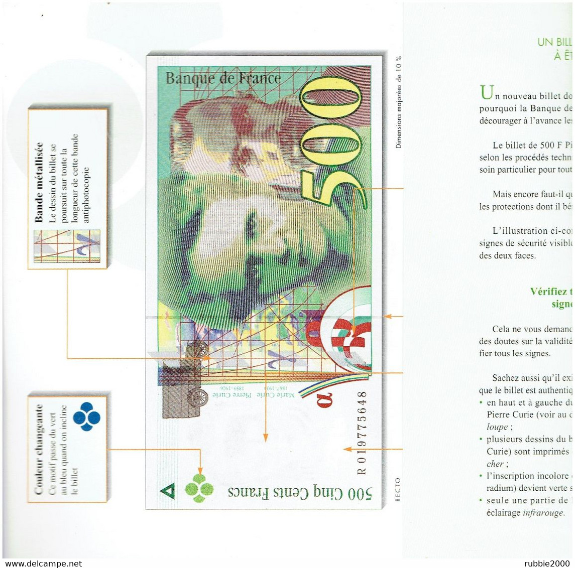 BANQUE DE FRANCE 1994 APPRENEZ A MIEUX CONNAITRE LE BILLET DE 500 FRANCS PIERRE ET MARIE CURIE DESCRIPTIF RECTO VERSO - 500 F 1994-2000 ''Pierre Et Marie Curie''